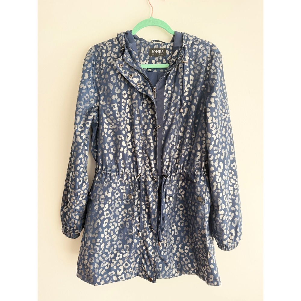Jones New York Navy Silver Metallic Leopard Hooded Anorak Rain Jacket Size M